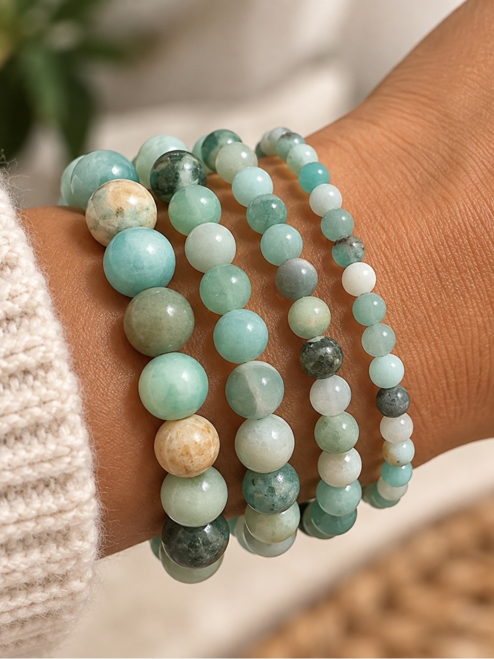 Amazonite Beaded Stretch Bracelet Stack - Seafoam Green